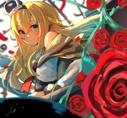 Rule 34 | 1girl, aqua eyes, bare shoulders, blonde hair, blush, braid, breasts, crown, dress, flower, french braid, hair between eyes, highres, jewelry, kantai collection, large breasts, long hair, looking at viewer, mini crown, necklace, off-shoulder dress, off shoulder, petals, red flower, red rose, rose, signature, smile, solo, sunday aki, upper body, warspite (kancolle)
