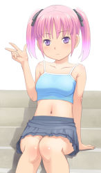 Rule 34 | 1girl, bare legs, bare shoulders, collarbone, meow (nekodenki), midriff, navel, original, outdoors, pink hair, purple eyes, short hair, skirt, solo, stairs, twintails, v, w