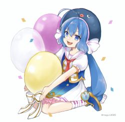 Rule 34 | 1girl, anniversary, balloon, band uniform, binchou maguro, blue dress, blue hair, blue headwear, collar, commentary, confetti, dress, eel hat, fang, frilled skirt, frills, full body, holding, holding balloon, long hair, looking at viewer, open mouth, otomachi una, otomachi una (sugar), outstretched arms, piano print, sailor collar, seiza, sitting, skin fang, skirt, smile, solo, twintails, very long hair, vocaloid, white background, white collar