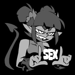 Rule 34 | 1girl, bare shoulders, black background, blunt bangs, borrowed character, breasts, chain, commentary, cropped torso, demon girl, demon horns, english commentary, gloves, greyscale, hair ornament, hair scrunchie, hands up, holding, horns, large breasts, long hair, looking at viewer, monochrome, open mouth, original, pointy ears, scrunchie, sharp teeth, shirt, short hair, simple background, smile, solo, teeth, text focus, two side up, upper body, vanripper