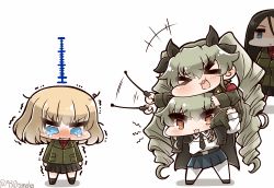 Rule 34 | &gt; &lt;, 10s, 4girls, :3, :d, anchovy (girls und panzer), belt, black footwear, black hair, blue eyes, blush, boots, braid, brown hair, cape, carrying, chibi, chibi on head, closed eyes, commentary request, crying, dual persona, girls und panzer, grey hair, grey jacket, grey pants, hair ribbon, holding, holding riding crop, jacket, katyusha (girls und panzer), knee boots, long hair, long sleeves, military, military uniform, multiple girls, necktie, nonna (girls und panzer), on head, open mouth, pants, pantyhose, pleated skirt, ribbon, riding crop, school uniform, short hair, shoulder carry, skirt, smile, tanaka kusao, tearing up, tears, trembling, twin braids, twintails, uniform, waving arm, wavy eyes, x3, xd