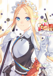 Rule 34 | 1girl, abigail williams (fate), abigail williams (festival outfit) (fate), akapug621, alternate costume, bad id, bad pixiv id, blonde hair, blue eyes, blueberry, broom, cherry, cup, drinking glass, drinking straw, enmaided, fate/grand order, fate (series), food, fruit, long hair, maid, maid headdress, official alternate costume, pancake, sleeves past wrists, smile, strawberry, stuffed animal, stuffed toy, teddy bear, tray, very long hair