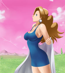 Rule 34 | 1girl, blonde hair, blue dress, blue eyes, breasts, cleavage, creatures (company), dress, earrings, enessef, game freak, highres, jewelry, large breasts, long hair, looking at viewer, molly hale, nintendo, pokemon, pokemon (anime), pokemon (classic anime), pokemon (creature), pokemon 3: the movie - spell of the unown: entei, shiny skin, sleeveless, solo, undressing