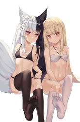 Rule 34 | 2girls, absurdres, alice mana, alice mana channel, animal ear fluff, animal ears, asymmetrical legwear, bad id, bad pixiv id, between legs, bikini, black bikini, black hair, black socks, blonde hair, blush, breasts, collarbone, commentary request, eyes visible through hair, feet, hair over shoulder, halterneck, hand between legs, highres, jawr8473, kneehighs, leg up, long hair, looking at viewer, multicolored hair, multiple girls, navel, orange eyes, red eyes, shiina nanoha, silver hair, simple background, sitting, small breasts, socks, soles, string bikini, swimsuit, tail, thighhighs, toes, transparent background, twintails, very long hair, virtual youtuber, white bikini, white legwear