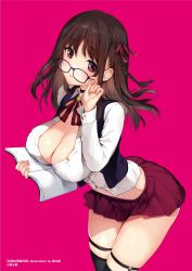 Rule 34 | 1girl, adjusting eyewear, artist name, black-framed eyewear, black thighhighs, blush, book, bow, bowtie, braid, breasts, brown hair, buttons, choker, cleavage, commentary request, fingernails, glasses, hair bow, hair ornament, highres, holding, holding book, large breasts, leaning forward, lips, long hair, long sleeves, looking at viewer, mataro (matarou), miniskirt, open book, original, parted lips, pleated skirt, purple background, purple eyes, shiny skin, shirt, simple background, skirt, solo, thighhighs, thighs, white shirt