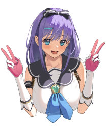 Rule 34 | 1girl, absurdres, blue eyes, blush, bow hairband, breasts, collarbone, collared shirt, cropped torso, double v, gloves, goumudan, hair ornament, hairband, hairclip, highres, long hair, looking at viewer, medium breasts, misora (princess connect!), open mouth, princess connect!, purple hair, shirt, sidelocks, simple background, sleeveless, sleeveless shirt, smile, solo, upper body, v, white background, white gloves, white shirt