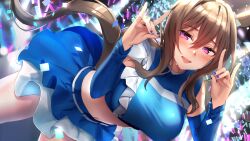 Rule 34 | 1girl, admire vega (umamusume), alternate costume, animal ears, az nyam, belt, blue nails, blue shirt, blush, breasts, brown hair, cheerleader, commission, concert, confetti, crop top, detached sleeves, fox shadow puppet, glowstick, hands up, highres, hokkaido nippon-ham fighters, horse ears, horse girl, horse tail, kitsune dance, large breasts, layered skirt, long hair, looking at viewer, midriff, miniskirt, navel, nippon professional baseball, open mouth, purple eyes, shirt, skeb commission, skirt, sleeveless, sleeveless shirt, smile, solo, sweat, tail, umamusume