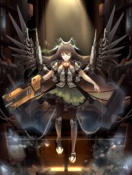 Rule 34 | 1girl, arm cannon, black thighhighs, bow, brown hair, cape, closed eyes, commentary request, frilled skirt, frills, full body, green bow, green skirt, light, light particles, long hair, mecha musume, mechanical wings, miniskirt, minust, reiuji utsuho, shirt, short sleeves, skirt, solo, thighhighs, third eye, touhou, weapon, white shirt, wings