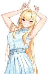 Rule 34 | 1girl, absurdres, ahoge, armpits, arms up, bare arms, bare shoulders, belt, blonde hair, blue shirt, blue skirt, buttons, collared shirt, grin, hair ornament, hairclip, highres, index finger raised, jingburger, long hair, looking at viewer, pleated skirt, red eyes, shirt, simple background, skirt, sleeveless, sleeveless shirt, smile, solo, very long hair, virtual youtuber, waktaverse, white background, ziro (zirorong)