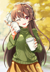 Rule 34 | .live, 1girl, ;d, aran sweater, autumn, brown hair, cable knit, coffee, cup, day, green sweater, hair between eyes, hairband, highres, holding, holding cup, kogetsu azami, long hair, long sleeves, looking at viewer, one eye closed, open mouth, outdoors, pleated skirt, red eyes, religious offering, skirt, smile, solo, sweater, very long hair, virtual youtuber, white hairband, yaezawa natori, yellow skirt