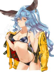 Rule 34 | 1girl, animal ears, bikini, blue hair, blush, collarbone, commentary request, cowboy shot, earrings, erune, ferry (granblue fantasy), ghost, granblue fantasy, highres, holding, holding clothes, holding jacket, jacket, unworn jacket, jewelry, kumonji aruto, long hair, looking at viewer, navel, own hands together, ponytail, single earring, solo, sweatdrop, swimsuit, white background, yellow jacket