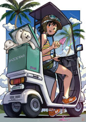 Rule 34 | 1girl, animal, bear, black eyes, black hair, blue sky, blush stickers, border, camisole, cloud, contrail, dripping, food, goggles, goggles on headwear, helmet, highres, holding, holding food, holding popsicle, license plate, looking back, moped, motor vehicle, nanami tomorou, open mouth, orange footwear, original, outdoors, outside border, palm tree, polar bear, popsicle, shoes, short shorts, shorts, sitting, sky, solo, striped camisole, tree, wheel, white border