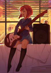 Rule 34 | 10s, 1girl, baisi shaonian, blazer, bow, electric guitar, feet, guitar, highres, instrument, long sleeves, love live!, love live! school idol project, nishikino maki, open mouth, red hair, school uniform, shirt, sitting, skirt, sky, smile, solo, speaker, sunset, window