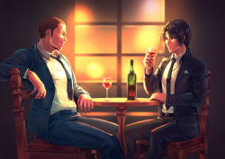 Rule 34 | 2boys, alcohol, black hair, black suit, blue suit, brown hair, chair, doug barrett, formal, lao huang, long sleeves, multiple boys, nintendo, round table, short hair, sitting, suit, suneiaaa, table, window, wine, xenoblade chronicles (series), xenoblade chronicles x