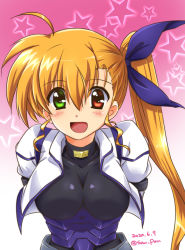 Rule 34 | 1girl, ahoge, artist name, black bodysuit, blonde hair, blush, bodysuit, bow, breasts, clip studio paint (medium), commentary request, dated, gradient background, green eyes, hair between eyes, hair bow, heterochromia, highres, jacket, long hair, looking at viewer, lyrical nanoha, mahou shoujo lyrical nanoha vivid, medium breasts, open clothes, open jacket, open mouth, photoshop (medium), pink background, purple bow, red eyes, san-pon, side ponytail, sidelocks, simple background, smile, solo, star (symbol), upper body, vivid strike!, vivio, white background, white jacket