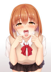 Rule 34 | 1girl, absurdres, blouse, blush, brown hair, cum, cum in mouth, facial, hair between eyes, half-closed eyes, heart, highres, looking at viewer, open mouth, original, satoshi (guardianoracle), school uniform, shirt, short sleeves, solo, speech bubble, sweater vest, tongue, tongue out, white shirt, yellow eyes