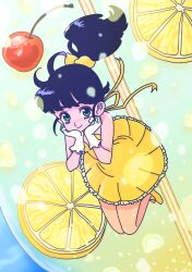 Rule 34 | 1girl, air bubble, black hair, blue eyes, bubble, cherry, closed mouth, dress, eyelashes, floating, food, food-themed hair ornament, fruit, fujishima moyu, full body, gloves, hair ornament, highres, lemon, lemon hair ornament, lemon slice, long hair, looking at viewer, original, ponytail, smile, solo, white gloves, yellow dress, yellow footwear