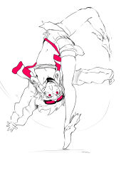 Rule 34 | 1girl, absurdres, breasts, budget sarashi, cropped jacket, dancing, goggles, goggles on head, highres, jacket, long sleeves, looking at viewer, navel, niwamaru (niwarhythm), niwarhythm, open clothes, open jacket, open mouth, original, outstretched arms, red eyes, sarashi, short shorts, shorts, simple background, small breasts, smile, solo, split, spread arms, standing, standing on one leg, standing split, upside-down, white background