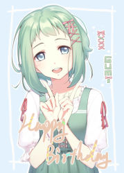 Rule 34 | 1girl, :d, blouse, blue background, blue eyes, blush, bow, character name, collarbone, commentary, dress, fan (20110507), frilled shirt, frills, green dress, green hair, gumi, hair bow, hair ornament, happy birthday, head tilt, index finger raised, looking at viewer, open mouth, own hands together, pinafore dress, pink bow, pink ribbon, ribbon, shirt, short sleeves, sleeveless dress, smile, solo, upper body, vocaloid, white shirt, x hair ornament