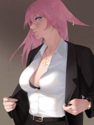 Rule 34 | 1girl, animal ears, belt, black belt, black jacket, black pants, breasts, closed mouth, collared shirt, dress shirt, fox ears, genshin impact, hair between eyes, highres, jacket, jewelry, large breasts, long hair, m alexa, necklace, office lady, pants, partially unbuttoned, pink hair, pink lips, purple eyes, ring, shirt, shirt tucked in, watch, white shirt, yae miko