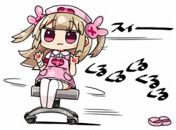 Rule 34 | &gt; &lt;, 1girl, :3, apron, bandaged arm, bandages, blush stickers, chair, chibi, closed mouth, collared shirt, dress shirt, full body, hair ornament, hands up, hat, kanikama, light brown hair, long hair, lowres, natori sana, nurse cap, office chair, on chair, pink apron, pink footwear, pink hat, rabbit hair ornament, red eyes, sana channel, shadow, shirt, shoes, short sleeves, sitting, skirt, solo, speed lines, swivel chair, thighhighs, translation request, two side up, unworn shoes, very long hair, virtual youtuber, white background, white shirt, white skirt, white thighhighs