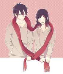 Rule 34 | 1boy, 1girl, ayune, bad id, bad pixiv id, black hair, blush, couple, closed eyes, fringe trim, gyumo, hair ornament, hairclip, hetero, kagerou project, kisaragi shintarou, looking at another, red scarf, scarf, shared clothes, shared scarf, smile, tateyama ayano