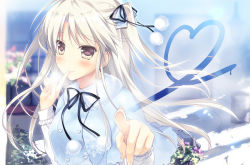 Rule 34 | 1girl, blonde hair, blush, brown eyes, coat, finger to mouth, flower, fur collar, hair ornament, hair ribbon, heart, heart buttons, long hair, long sleeves, motomiya mitsuki, one side up, original, outdoors, pointing, pointing at viewer, ribbon, road, smile, snowflakes, solo, street, upper body, white ribbon, winter clothes, winter coat