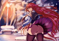 Rule 34 | 1girl, ass, blue eyes, blush, breasts, clothes lift, high school dxd, large breasts, long hair, looking at viewer, open mouth, panties, red hair, rias gremory, skirt, skirt lift, sleeswaifus, solo, thighhighs, thong, underwear, very long hair