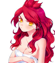 Rule 34 | 1girl, blush, covering privates, female focus, gender request, genderswap, inazuma eleven, inazuma eleven (series), long hair, nagumo haruya, pout, red hair, solo, towel, yellow eyes