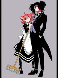 Rule 34 | 2girls, ahoge, apron, asaiasa0, black dress, black hair, black suit, blue eyes, broom, butler, commentary, dress, drill hair, expressionless, female butler, formal, full body, grey background, hands in pockets, heterochromia, holding, holding broom, kasane teto, leaning forward, looking at viewer, maid, maid apron, multicolored hair, multiple girls, one eye closed, purple vest, red eyes, red hair, short hair, smile, standing, streaked hair, suit, twin drills, twintails, utau, vest, yokune ruko