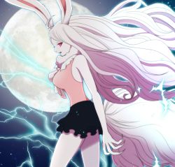Rule 34 | 1girl, animal ears, carrot (one piece), colored sclera, derivative work, dress, electricity, full moon, fur trim, long hair, maiko (mimi), moon, night, night sky, one piece, open mouth, pink eyes, rabbit ears, rabbit tail, red sclera, sky, solo, spoilers, sulong form, tail, teeth, upper body, very long hair, white hair