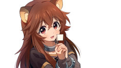 Rule 34 | 1girl, :d, animal ear fluff, animal ears, asada hachi, blush, brown hair, collar, commentary, crossed bangs, cuffs, flag, hair between eyes, highres, holding, layered sleeves, long hair, long sleeves, looking at viewer, metal collar, mini flag, open mouth, own hands clasped, own hands together, raccoon ears, raccoon girl, raphtalia, red eyes, ribbed shirt, shirt, short over long sleeves, short sleeves, simple background, smile, solo, tate no yuusha no nariagari, upper body, white background