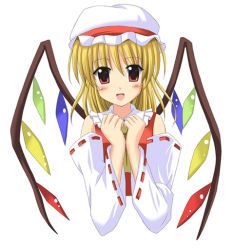 Rule 34 | 1girl, blonde hair, cosplay, exe (artist), female focus, flandre scarlet, hakurei reimu, hakurei reimu (cosplay), hat, japanese clothes, miko, mob cap, open mouth, red eyes, smile, solo, touhou, upper body, wings, xe (execut3r)