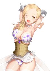 Rule 34 | 1girl, absurdres, armpits, arms behind head, arms up, blonde hair, blush, breasts, cleavage, collarbone, covered navel, delia (mabinogi), detached collar, disembodied hand, female focus, greem bang, highres, large breasts, looking to the side, mabinogi, mabinogi heroes, matching hair/eyes, navel, one eye closed, open mouth, panties, pleated skirt, shiny skin, simple background, skirt, smile, solo, standing, thighhighs, tickling, underwear, wavy mouth, white background, white panties, white skirt, white thighhighs, yellow eyes