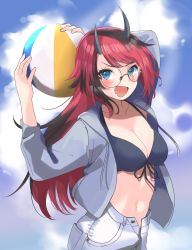 Rule 34 | 1girl, nanashi inc., alternate costume, ball, beachball, bikini, bikini top only, black bikini, black hair, blue eyes, blue shorts, blue sky, blush, breasts, cleavage, cloud, commentary request, cowboy shot, demon girl, demon horns, front-tie bikini top, front-tie top, glasses, grey hoodie, highres, holding, holding ball, holding beachball, hood, hoodie, horns, large breasts, long hair, looking at viewer, midriff, multicolored hair, open clothes, open fly, open hoodie, open mouth, pointy ears, red hair, round eyewear, ryugasaki rene, shorts, sky, smile, solo, sugar lyric, swimsuit, two-tone hair, virtual youtuber, zono (inokura syuzo029)