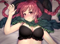 Rule 34 | 1girl, bare arms, bed sheet, black bow, black bra, blurry, blush, bow, bra, braid, breasts, cleavage, clothes lift, commentary request, depth of field, dress, dress lift, green dress, hair bow, highres, kaenbyou rin, lace, lace-trimmed bra, lace trim, large breasts, long hair, looking at viewer, lying, on back, red eyes, red hair, solo, tareme, topia, touhou, twin braids, underwear, upper body