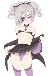 Rule 34 | 1girl, :o, bare shoulders, black choker, black skirt, black sleeves, black wings, blade (galaxist), breasts, choker, closed mouth, clothes lift, collarbone, commentary, commentary request, copyright request, detached sleeves, eyepatch, frilled skirt, frills, grey hair, groin, hair over one eye, highleg, highres, lifted by self, long sleeves, looking at viewer, low wings, nipples, parted lips, pink thighhighs, pleated skirt, pointy ears, purple eyes, ringlets, simple background, skirt, skirt lift, sleeves past wrists, small breasts, solo, thighhighs, white background, wings