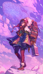 Rule 34 | 1girl, ankle boots, arms at sides, backpack, bag, blank eyes, boots, braid, brown footwear, brown hair, cane, cloud, fish, full body, fur-trimmed boots, fur trim, glowing, heterochromia, highres, jewelry, long hair, long sleeves, looking at viewer, mountain, necklace, no pupils, original, outdoors, pantyhose, purple eyes, purple pantyhose, purple sky, shooting star, sky, snow, solo, standing, twin braids, weltol