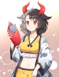 Rule 34 | 1girl, animal ears, animal print, black hair, blush, breasts, brown background, commentary request, cow ears, cow horns, cow print, cowboy shot, frills, gradient background, grey hair, hand up, haori, highres, holding, horns, japanese clothes, kaoling, large breasts, long sleeves, looking at viewer, midriff, multicolored hair, navel, red eyes, short hair, smile, solo, split-color hair, sports bra, stomach, touhou, two-tone hair, ushizaki urumi, white background, wide sleeves