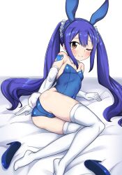 Rule 34 | 1girl, absurdres, animal ear hairband, animal ears, blue footwear, blue hair, blue leotard, brown eyes, detached collar, elbow gloves, fairy tail, fake animal ears, gloves, high heels, highres, leotard, long hair, lying, on side, one eye closed, pechimaru, playboy bunny, rabbit ear hairband, rabbit ears, rabbit tail, shoes, sidelocks, solo, strapless, strapless leotard, tail, tattoo, thighhighs, twintails, unworn shoes, wendy marvell, white gloves, white thighhighs