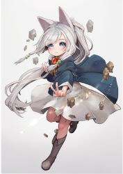 Rule 34 | 1girl, :3, animal ears, aqua eyes, beads, boots, brown footwear, closed mouth, copyright request, double v, eyelashes, floating hair, full body, gradient background, grey hair, grey skirt, hair beads, hair ornament, highres, junly, knees, leg up, long hair, long sleeves, outstretched arm, rock, sidelocks, skirt, smile, solo, v, very long hair