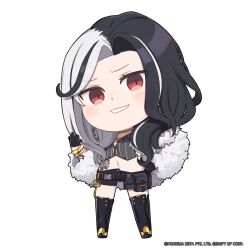 Rule 34 | 1girl, belt, belt pouch, black belt, black footwear, black gloves, black hair, black shorts, boots, bracelet, chibi, coat, fur coat, gloves, goddess of victory: nikke, grey hair, grin, highres, jewelry, long hair, looking at viewer, multicolored hair, navel, official art, pouch, red eyes, rosanna (nikke), short shorts, shorts, smile, solo, split-color hair, standing, tattoo, thigh boots, thighs, totatokeke