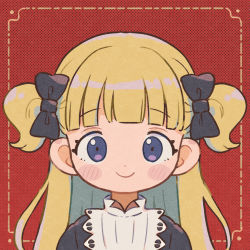 Rule 34 | 1girl, black bow, black dress, blonde hair, blue eyes, blunt bangs, blush stickers, bow, closed mouth, commentary, dress, emilico (shadows house), english commentary, hair bow, koru koruno, long hair, looking at viewer, polka dot, polka dot background, red background, shadows house, smile, solo, two side up, upper body