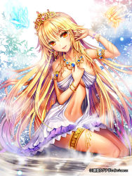 Rule 34 | 1girl, armband, armlet, bad id, bad pixiv id, blonde hair, blush, bracelet, breasts, copyright name, dress, ells, fairy, hair flip, jewelry, large breasts, long hair, lots of jewelry, navel, necklace, official art, partially submerged, sitting, smile, solo, sousei ragnavein, thigh strap, thighlet, tiara, underboob, very long hair, yellow eyes