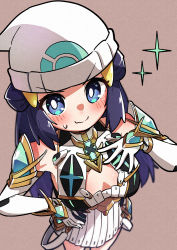 Rule 34 | 1girl, absurdres, alternate costume, bare shoulders, breasts, chest jewel, cleavage, cleavage cutout, clothing cutout, cosplay, creatures (company), dawn (pokemon), dress, elbow gloves, embarrassed, game freak, gloves, highres, merugamu melgum, mythra (xenoblade), mythra (xenoblade) (cosplay), name connection, nintendo, pokemon, pokemon dppt, solo, white dress, white gloves, xenoblade chronicles (series), xenoblade chronicles 2