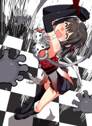 Rule 34 | 10s, 1girl, armpits, arms up, bad id, bad pixiv id, bdsm, black gloves, blush, bondage, bound, grabbing another&#039;s breast, breasts, checkered floor, elbow gloves, closed eyes, full body, gloves, grabbing, kantai collection, open mouth, sendai (kancolle), short hair, skirt, solo, tears, thighhighs, tsuru (clainman)