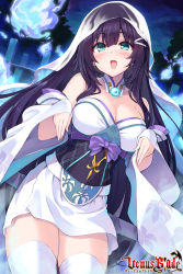 Rule 34 | 1girl, :d, bare shoulders, bikini, black hair, blush, breasts, character request, cleavage, collarbone, copyright name, detached sleeves, fingernails, green eyes, hair between eyes, hands up, highres, hisen kaede, japanese clothes, kimono, large breasts, long hair, long sleeves, night, night sky, open mouth, outdoors, purple bikini, sky, sleeves past wrists, smile, solo, spirit, strapless, swimsuit, thighhighs, venus blade, very long hair, watermark, white kimono, white thighhighs, wide sleeves