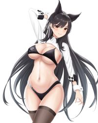 Rule 34 | arm up, atago (azur lane), atago (stunning speedster) (azur lane), azur lane, bikini, black bikini, black hair, black thighhighs, breasts, brown eyes, cleavage, highres, large breasts, long sleeves, looking at viewer, mole, mole under eye, navel, official alternate costume, open clothes, race queen, smile, swimsuit, thighhighs, thighs, underboob, vik (xypt7474)