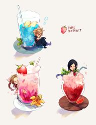 Rule 34 | 1boy, 2girls, aerith gainsborough, armor, baggy pants, black hair, blonde hair, braid, braided ponytail, brown hair, chibi, closed eyes, cloud strife, dress, drink, drinking straw, final fantasy, final fantasy vii, final fantasy vii remake, flower, food, fruit, hair ribbon, highres, jacket, lily (flower), long dress, long hair, low-tied long hair, multiple girls, one eye closed, pants, pink dress, pink ribbon, red eyes, red jacket, ribbon, sera (serappi), short hair, shoulder armor, single braid, sitting, sparkle, spiked hair, standing, strawberry, tifa lockhart, tongue, tongue out, yellow flower