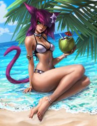 Rule 34 | 1girl, animal ears, anklet, armlet, warrior of light (ff14), bare legs, barefoot, beach, bell, bikini, bracelet, breasts, cat ears, cat tail, choker, cocktail umbrella, coconut, dark-skinned female, dark skin, day, drinking straw, dutch angle, feet, final fantasy, final fantasy xiv, flower, fruit cup, green eyes, hair flower, hair ornament, imdrunkontea, jewelry, legs, lips, long hair, looking at viewer, medium breasts, miqo&#039;te, nail polish, navel, neck bell, o-ring, o-ring bottom, outdoors, purple hair, purple nails, shiny skin, sitting, solo, swimsuit, tail, thighs, toenail polish, toenails, toes, two-tone bikini, water